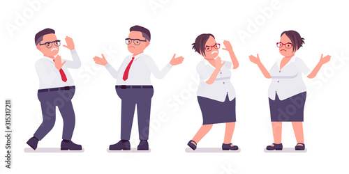 Fat male, female clerk, negative emotion. Sad heavy middle age business people, office manager, civil service worker, typical employee plus size formal wear. Vector flat style cartoon illustration