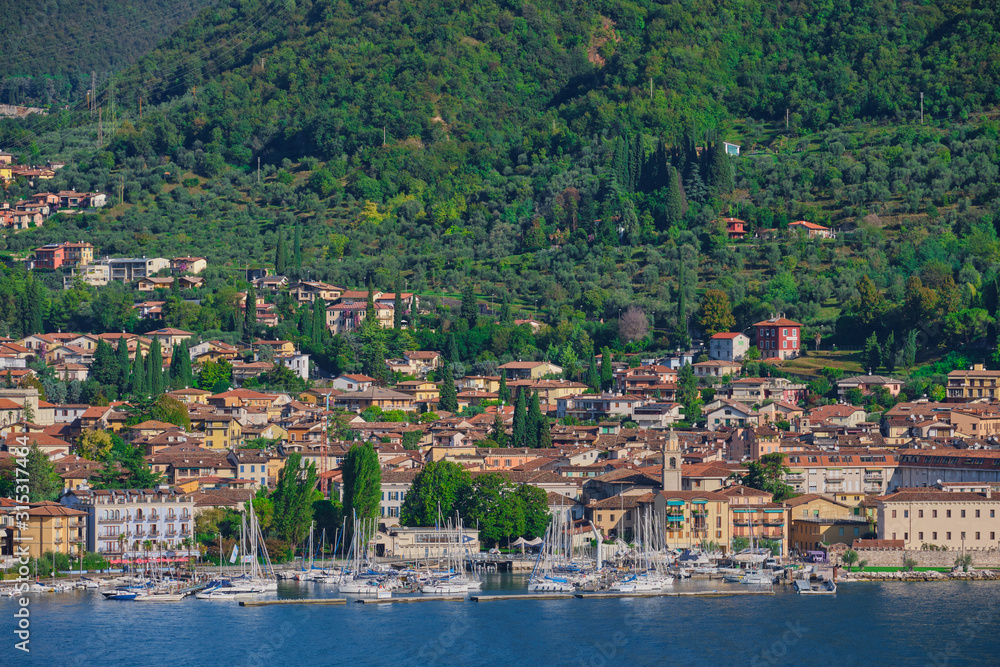 Panoramic view of the center of Salo, Italy. Lake Garda, mountains