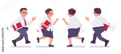 Fat male and female clerk running. Heavy middle aged business people, office manager and civil service worker, typical employee in a plus size formal wear. Vector flat style cartoon illustration