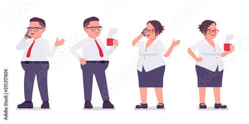 Fat male, female clerk stand with mug, phone. Heavy middle age business people, office manager, civil service worker, typical employee in plus size formal wear. Vector flat style cartoon illustration