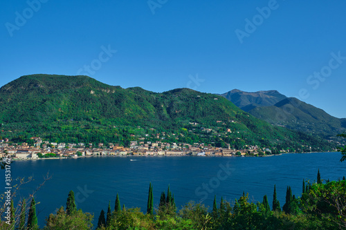 Panoramic view of the center of Salo  Italy. Lake Garda  blue sky  mountains