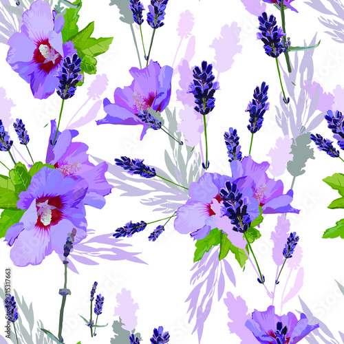 Fototapeta Naklejka Na Ścianę i Meble -  Seamless Floral Pattern with exotic hibiscus and lavender flowers and silhouettes. Bright vector on a white background. For print, textile, wallpaper, fabrics, bedding, tile.