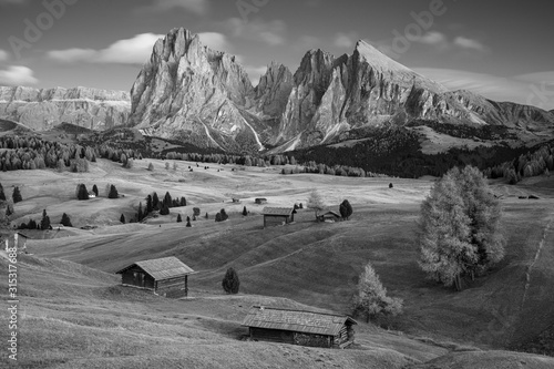 Seiser Alm, Dolomites. Black and white landscape image of Seiser Alm a Dolomite plateau and the largest high-altitude Alpine meadow in Europe. 