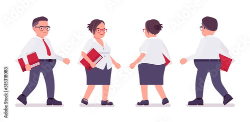 Fat male and female clerk walking. Heavy middle aged business people, office manager and civil service worker, typical employee in a plus size formal wear. Vector flat style cartoon illustration