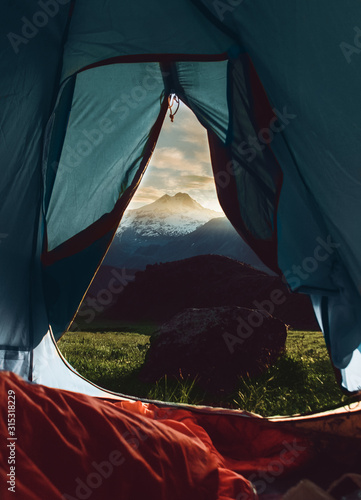 The view of mount from the tent. kazbegi mount