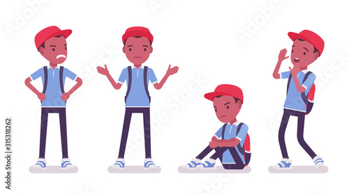 Black school boy in casual wear, negative emotions. Unhappy cute small guy with rucksack, active young kid, smart elementary pupil aged between 7, 9 year old. Vector flat style cartoon illustration