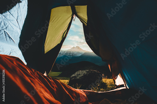 The view of mount from the tent. kazbegi mount