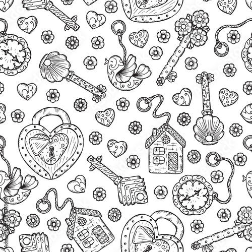 Hand drawn doodle lock, trinkets and keys - Vector Vintage Seamless pattern. Black and white
