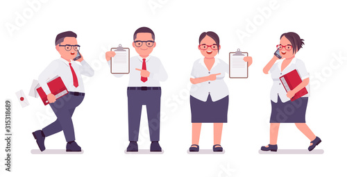 Fat male, female clerk with check list, paper. Heavy middle age business people, office manager, civil service worker, typical employee in plus size formal wear. Vector flat style cartoon illustration