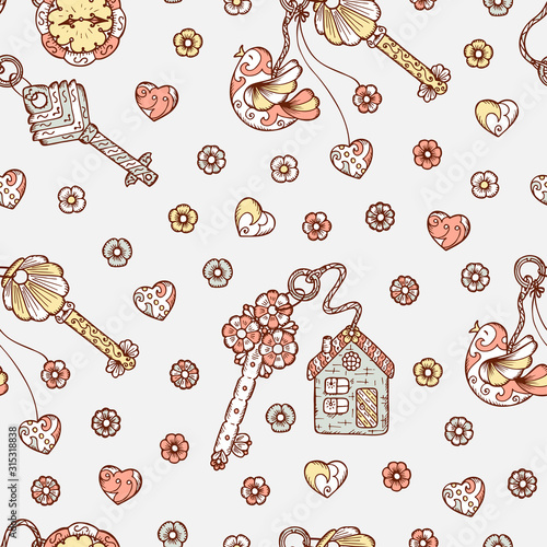 Hand drawn doodle lock, trinkets and keys - Vector Vintage Seamless pattern.