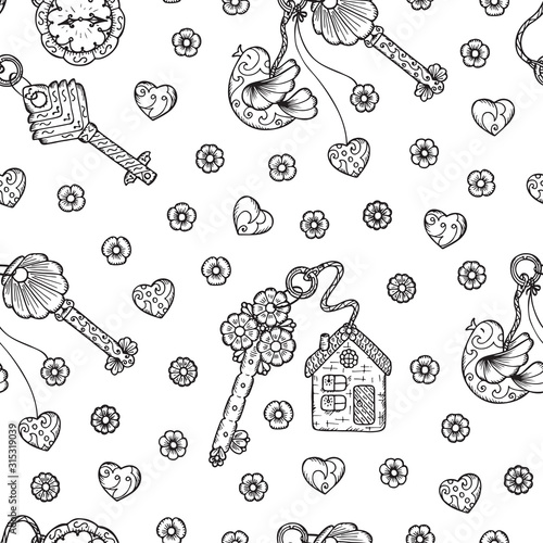 Hand drawn doodle lock, trinkets and keys - Vector Vintage Seamless pattern. Black and white