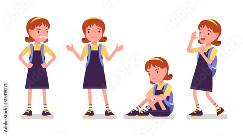 School girl negative emotions. Unhappy small lady in a pretty pinafore dress with rucksack, active young kid, smart elementary pupil aged between 7, 9 year old. Vector flat style cartoon illustration