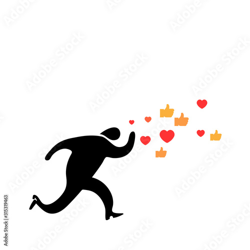 Abstract concept likemania, Running man catches on the run icons - sign like, hand gesture thumb up and hearts. Isolated figure on white background. Social network vector illustration.