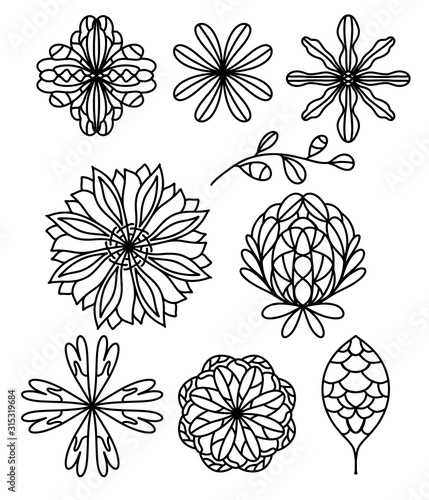Black and white vector illustration for coloring book. Set with whimsical flowers.