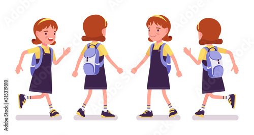 School girl running. Cute small lady in pretty pinafore dress with rucksack, active young kid, smart elementary pupil aged between 7, 9 years old. Vector flat style cartoon illustration, front, rear