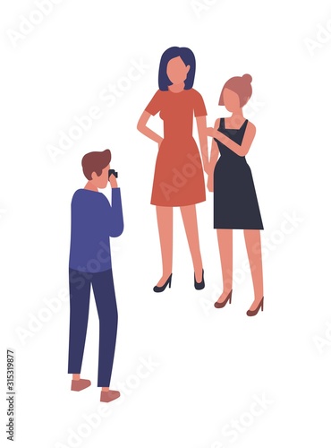 Cartoon male photographer shooting two female model vector flat illustration