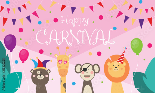 Happy Carnival - Banner mit wilden Tieren, die feiern und verkleidet sind, Dschungel 