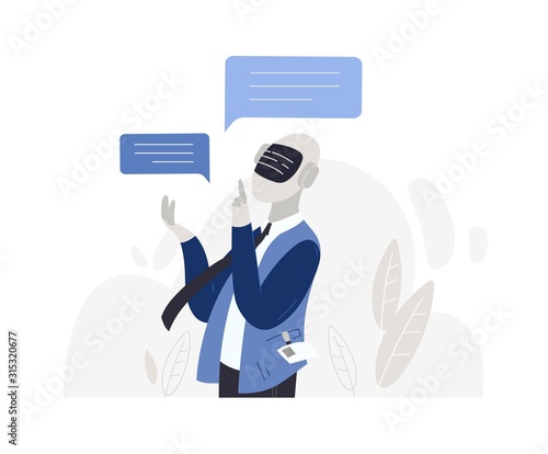 Male character robot with artificial intelligence isolated on white background. Chatting with chatbot android, dialogue with electronic cartoon guy. Technical support flat vector illustration.