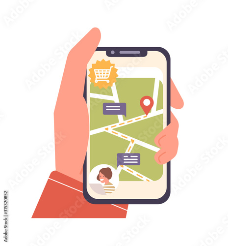 Human cartoon hand holding smartphone with map and location mark on screen ve...