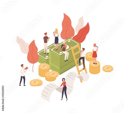 Cartoon tiny people working tablet for budget planning isometric vector illustration. Character sitting on cash money, carrying receipt isolated on white background. Concept financial administration.