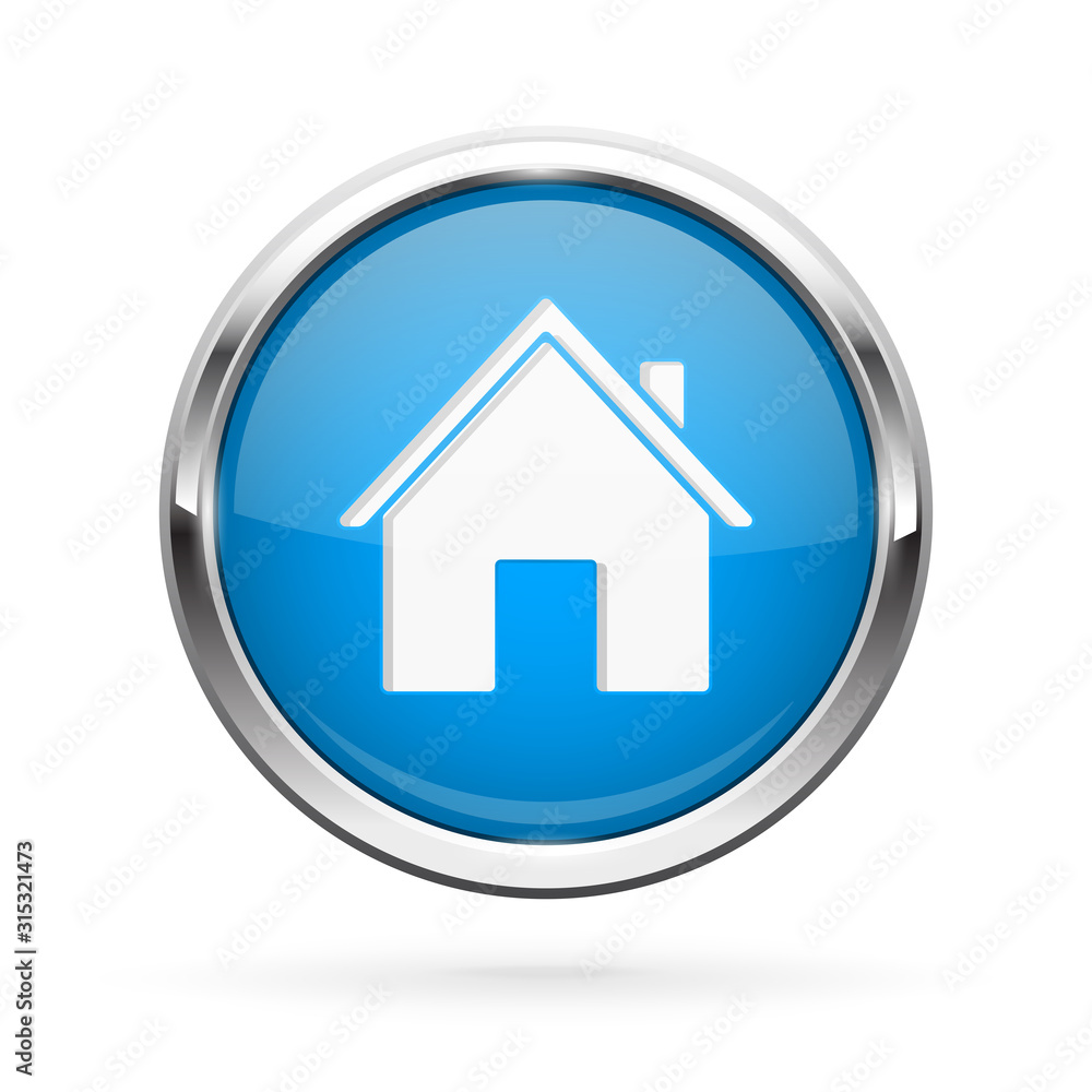Closed icon. Blue shiny 3d button with metal frame and locked home symbol Closed icon. Blue shiny 3d button with metal frame and locked home symbol