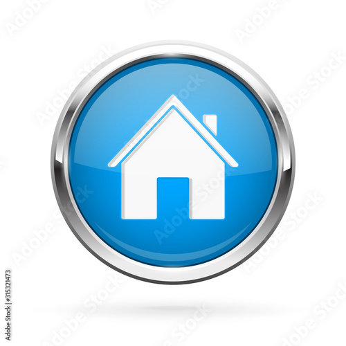 Closed icon. Blue shiny 3d button with metal frame and locked home symbol