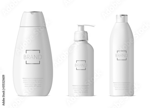 Realistic cosmetic bottles. Shampoo and moisturizer packaging, white plastic bottles pack, 3d beauty bath accessories. Cosmetics for cleanliness, shower gel containers vector isolated set