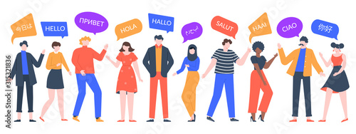 People say hi. Group of multiethnic men and women speaking, multicultural characters say hello. Unity of asian, african and european humans. Different language greeting learn vector illustration