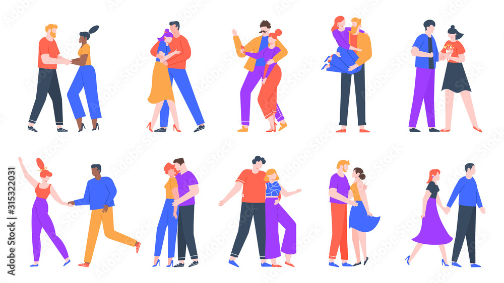 Young romantic couples in love. Happy boyfriend and girlfriend romantic date. Dancing, taking selfies and decided to get married couples. Lovely isolated vector illustration icons set