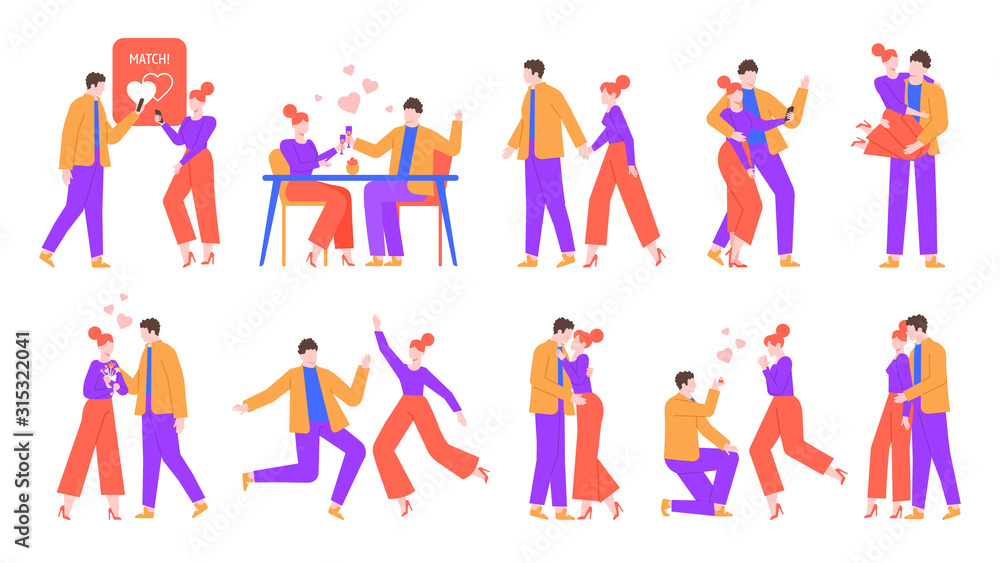 Romantic happy couple. Cute boyfriend and girlfriend in love, perfect match dating. Celebrating valentine day, kisses, hugs and dancing couples. Isolated vector illustration icons set