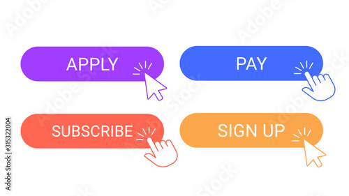Online participation buttons. Apply, subscribe and pay sign up applying digital form button. Cursor pointer clicking on participation buttons vector illustration isolated symbols set