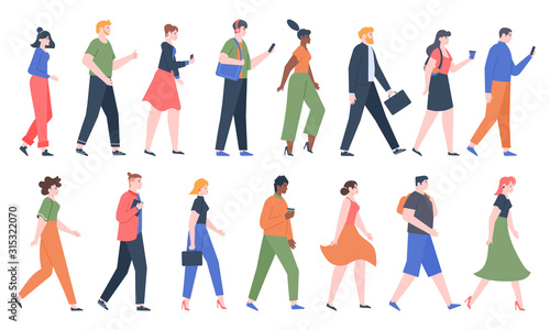 Walking people. Business men and women walk side profiles, people in seasonal and office clothes. Young and elderly moving stylish characters. Walkers isolated vector illustration icons set