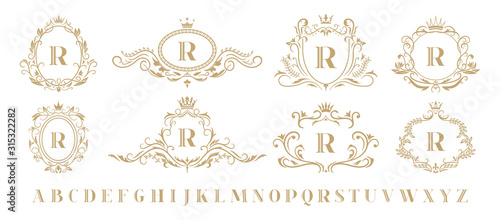 Luxury monogram. Vintage ornamental decorative monograms, retro luxury golden wreath emblem and baroque heraldic wedding frame. Luxurious whiskey or boutique emblem isolated vector icons set photo