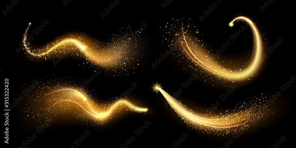 Magical gold sparkles dust. Golden lighting sparkle trail, glittering shiny magic textured path. Glowing stardust wave, glitter spark or magical starry light isolated vector illustration set - obrazy, fototapety, plakaty 