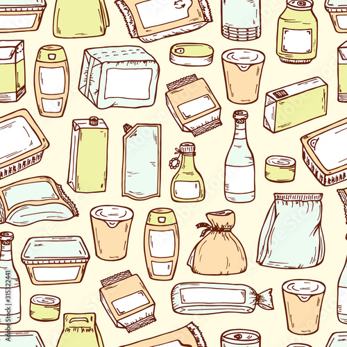 Product packaging Vector Seamless Pattern. Food and drink Packing. Hand Drawn doodle: cans and bottles, plastic boxes, cardboard and paper package blank objects