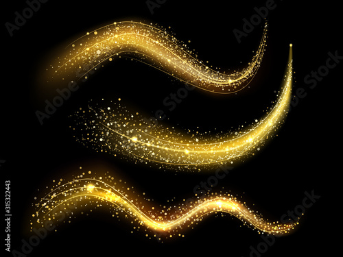 Glitter lighting path. Glowing light sparkles with golden glitter, magic stardust wave and beautiful sparkle light blur trail. Gold dust motion, shimmer or comet tail. Isolated vector illustration set
