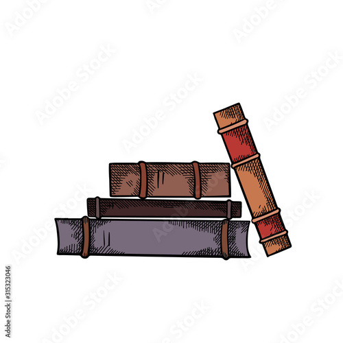 Sketch piles of books with hatching front view. Engraving color drawing. Knowledge and wisdom. Vector image for badges, cards, slides and your creativity. photo