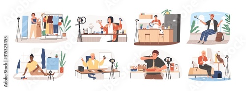 Set of bloggers and vloggers cartoon people making internet content vector flat illustration. Character creating video for blog or vlog review. Creative famous influencer shooting vlogging occupation.