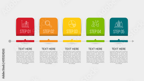 Infographic Timeline template can be used for workflow layout, diagram, number options, web design. Infographic business concept with 5 option, parts, steps or processes. Abstract background.