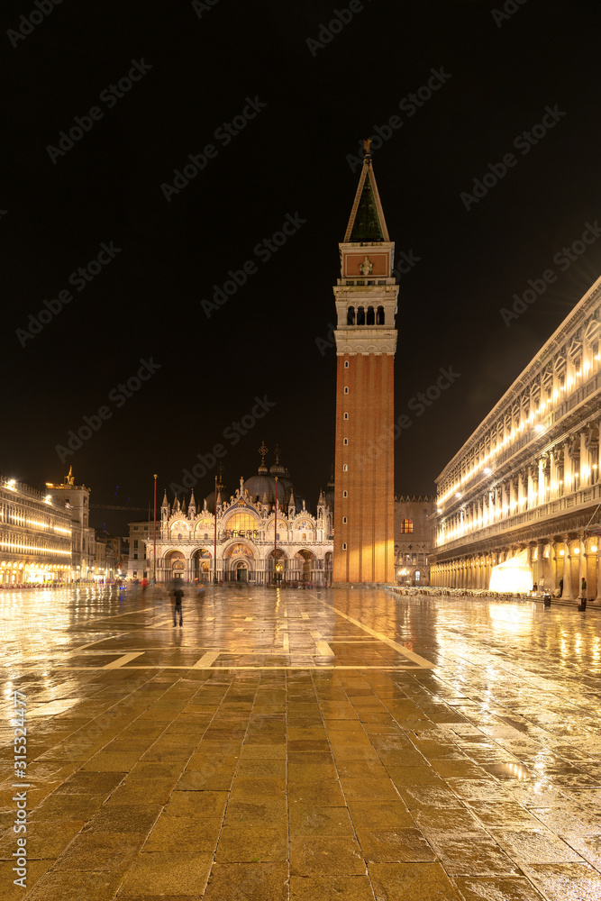 Famous San Marco square at night in Venice, Italy,