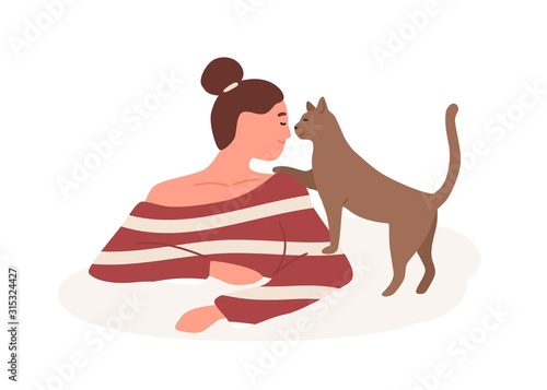 Smiling girl with tenderness playful cat vector flat illustration. Kindness, goodness, animal care concept. Happy woman playing with four-legged pet friend isolated on white background.