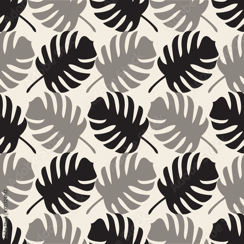 seamless monochrome abstract nature pattern background with palm leaf