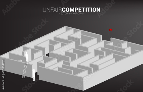 silhouette of businessman standing to top of maze with ladder and businesswoman at the gate. Business concept for problem solving and solution strategy