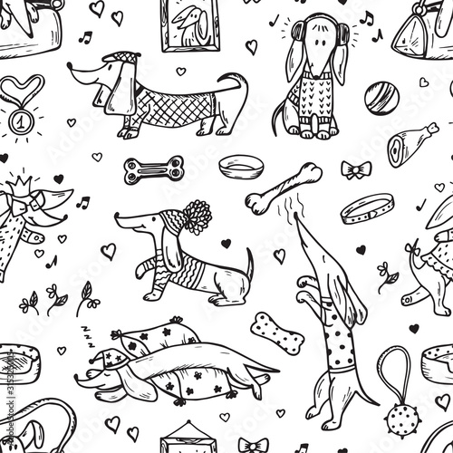 Animals. Pets. Funny Dachshund Dogs. Dog Vector Seamless Pattern. Hand Drawn Doodles Dachshunds.