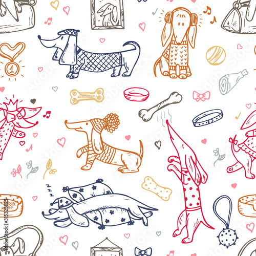Animals. Pets. Funny Dachshund Dogs. Dog Vector Seamless Pattern. Hand Drawn Doodles Dachshunds.