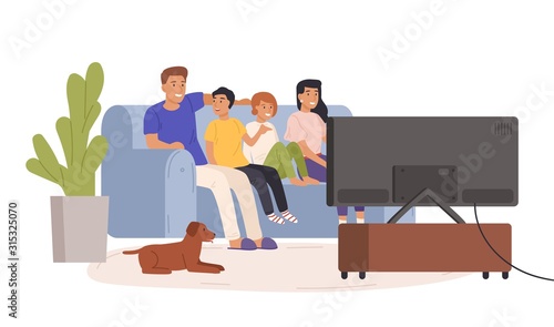 Happy family watching tv together vector flat illustration. Smiling cartoon mother, father and children relaxing at cozy living room. Home entertainment concept isolated on white background.
