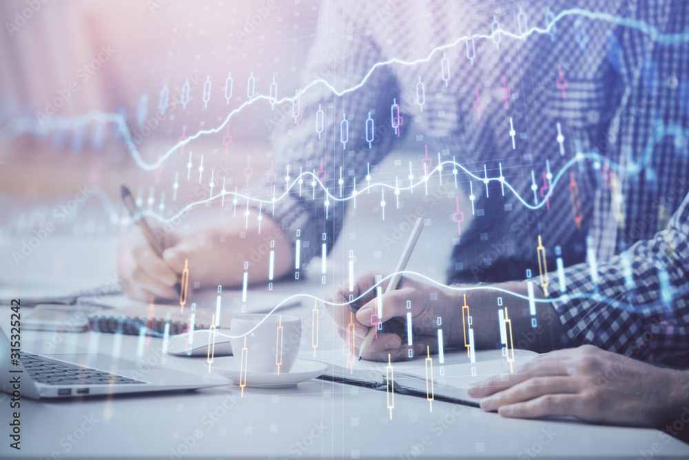 Multi exposure of forex chart with man working on computer on background. Concept of market analysis. Multi exposure of forex chart with man working on computer on background. Concept of market analysis.