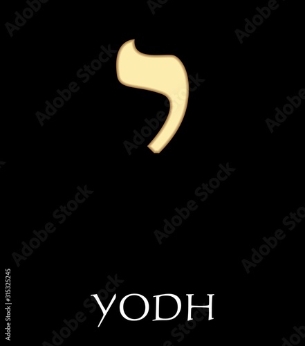 Hebrew letter yodh, tenth letter of hebrew alphabet, meaning is hand, gold design on black background, vector alefbet