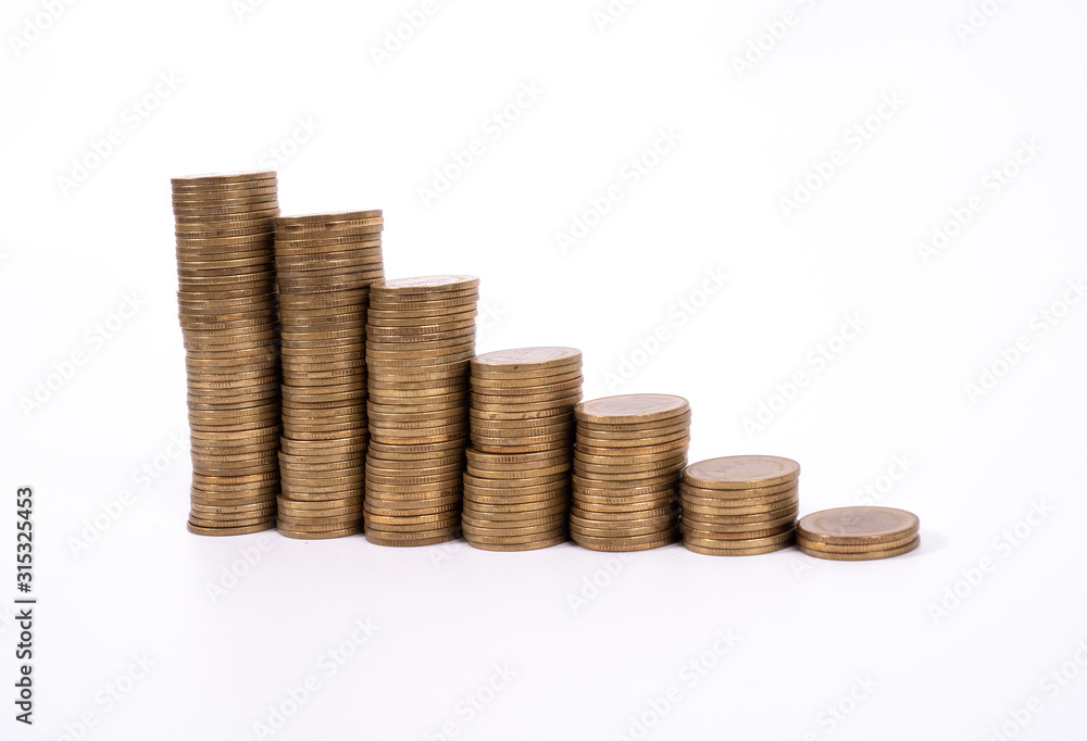 Savings, increasing columns of gold coins isolated on white background Savings, increasing columns of gold coins isolated on white background