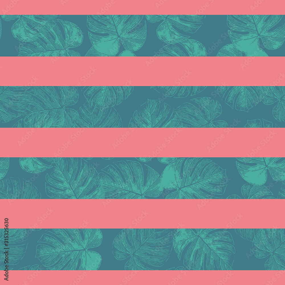 Tropical stripes seamless vector pattern. Teal blue and coral red horizontal striped texture with monstera palm leaf shapes. Philodendron leaves texture. Repeating contemporary geometric background. 